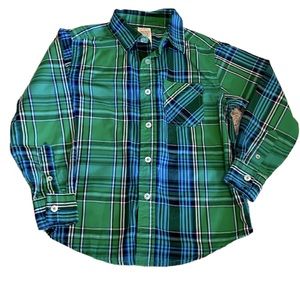 Little Boys Button Down Dress Green Blue Plaid Shirt